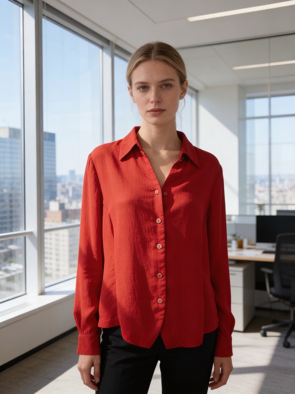 Liz Baker Petite Red Button Front Blouse Size 10P Classic Work Top